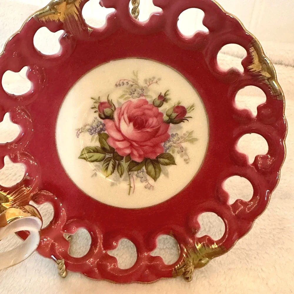 Japan Porcelain Tea Cup Saucer Set Pink Gold Reticulated Rose Floral Excellent